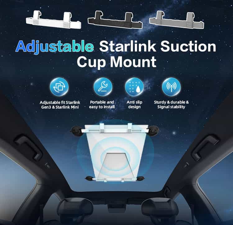 Adjustable Starlink suction cup mount installed on car roof with secure hold