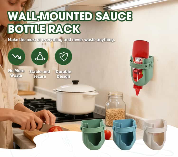 Wall mounted sauce bottle rack used in kitchen with upside down ketchup bottle