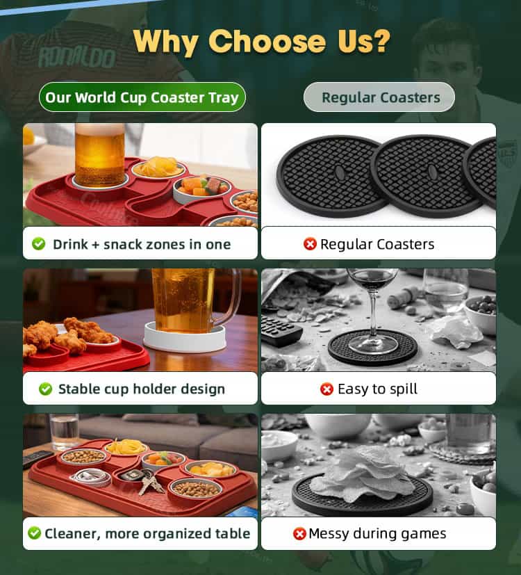 Comparison between silicone snack tray with cup holder and regular coasters