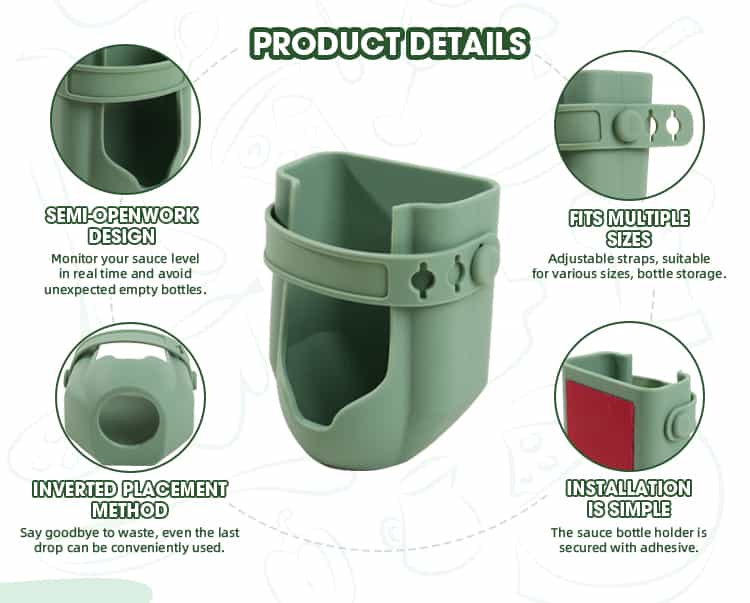 Sauce bottle holder product details showing adjustable strap and inverted placement