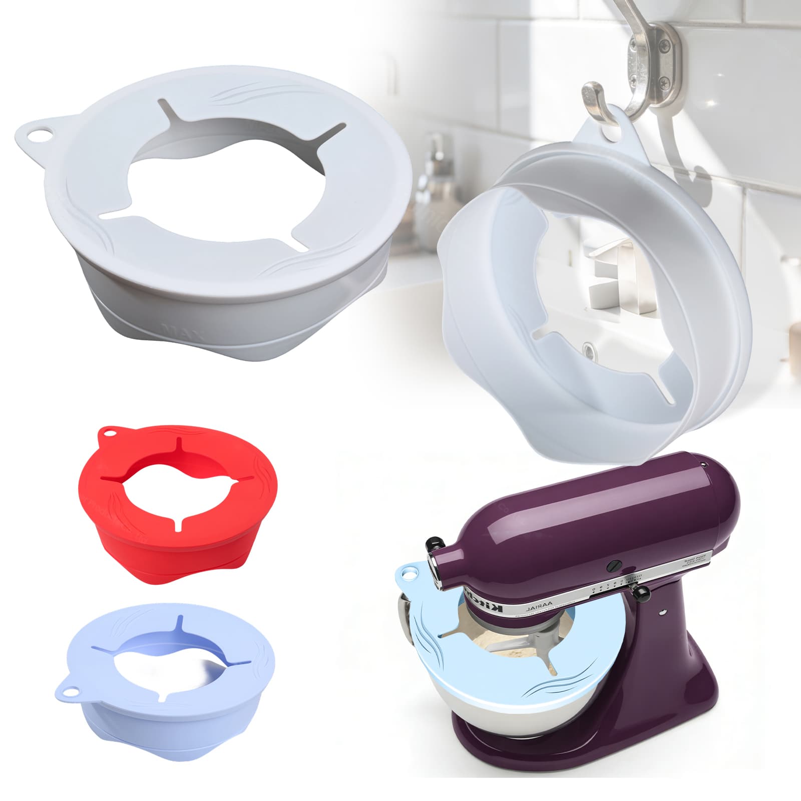 Blue silicone mixer splash guard preventing flour splashes