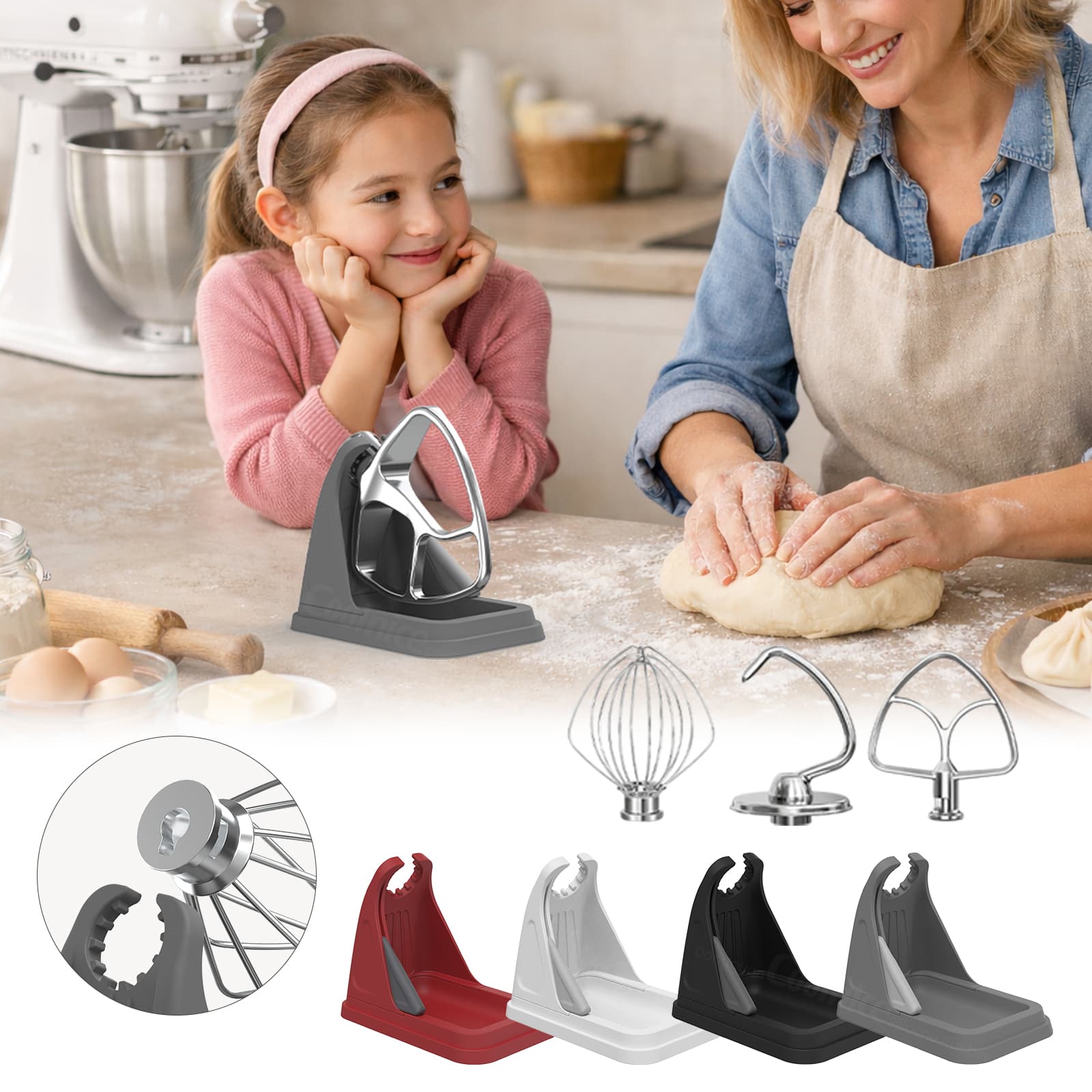 stand mixer attachment holder organizer with drip tray and multiple color options