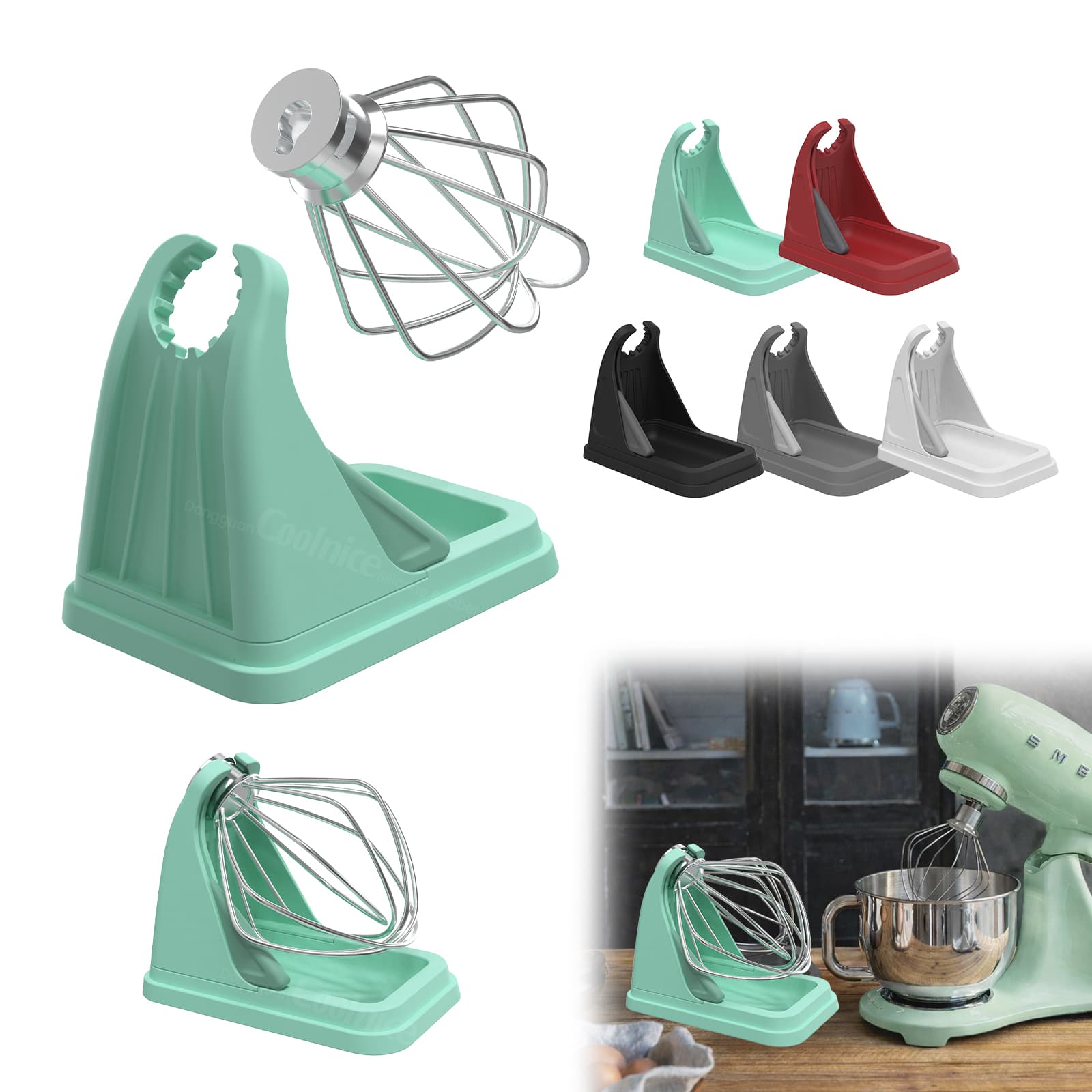 stand mixer whisk resting on attachment holder