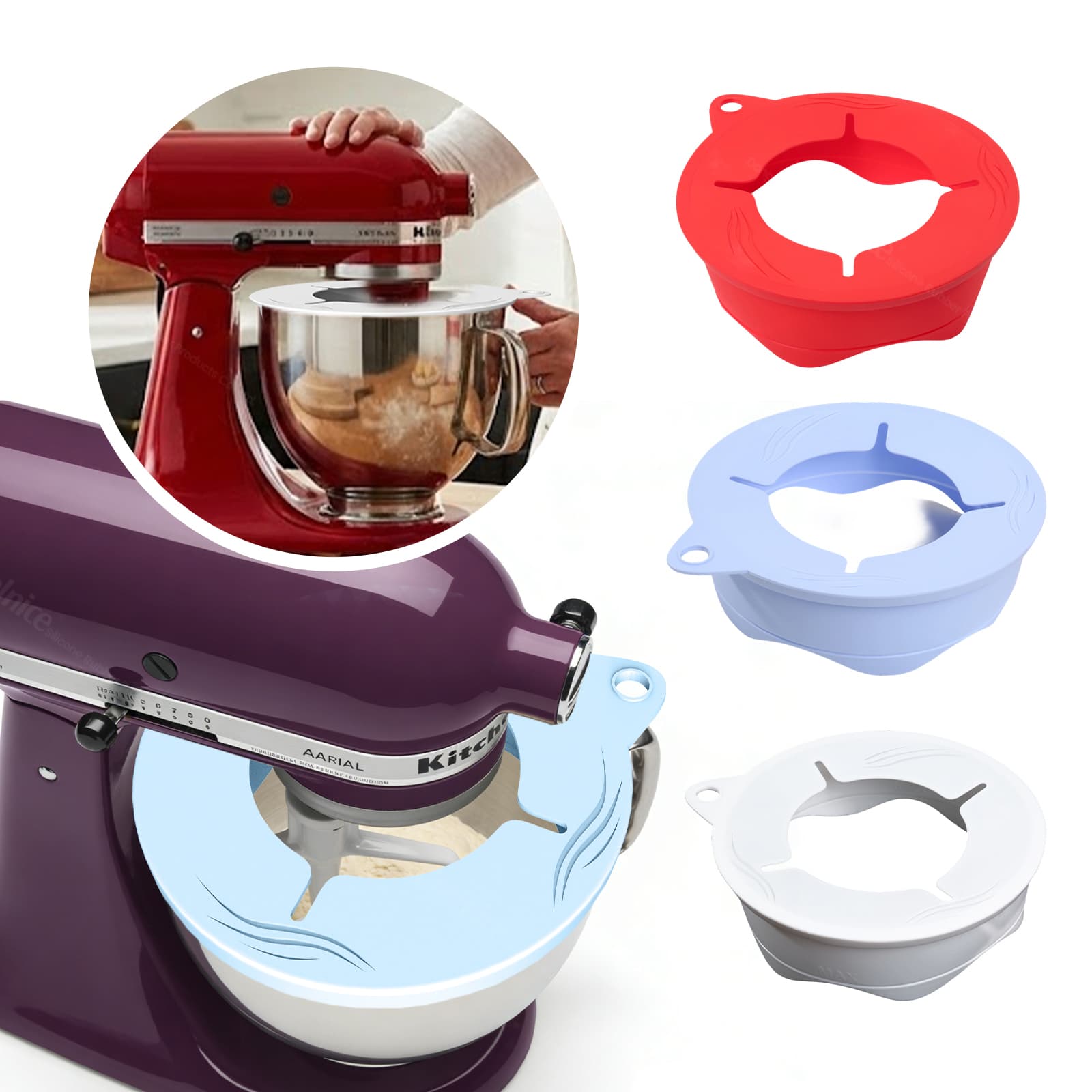 White silicone stand mixer splatter guard installed on stand mixer bowl