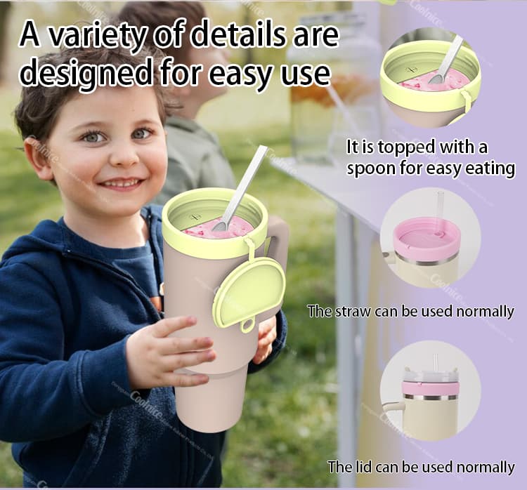 silicone ice cream container with spoon storage and straw compatibility