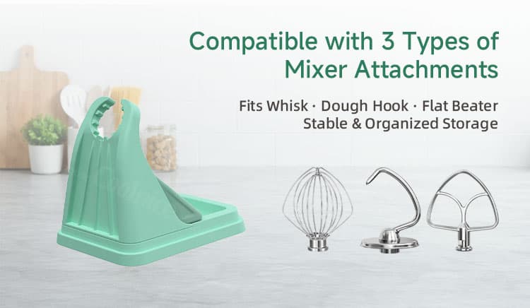 Silicone mixer attachment holder compatible with whisk dough hook and flat beater