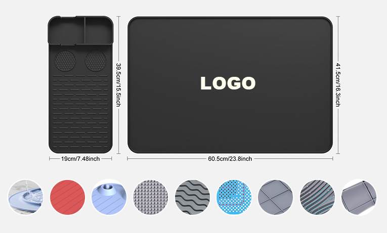 Custom silicone mat sample showing logo placement, dimensions, and surface structure options