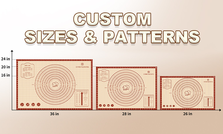 Custom silicone mat size and pattern options with multiple dimension examples
