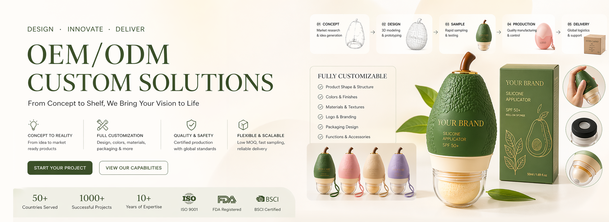 Custom silicone applicator OEM development banner showing how a standard product inspires private label branding and custom design