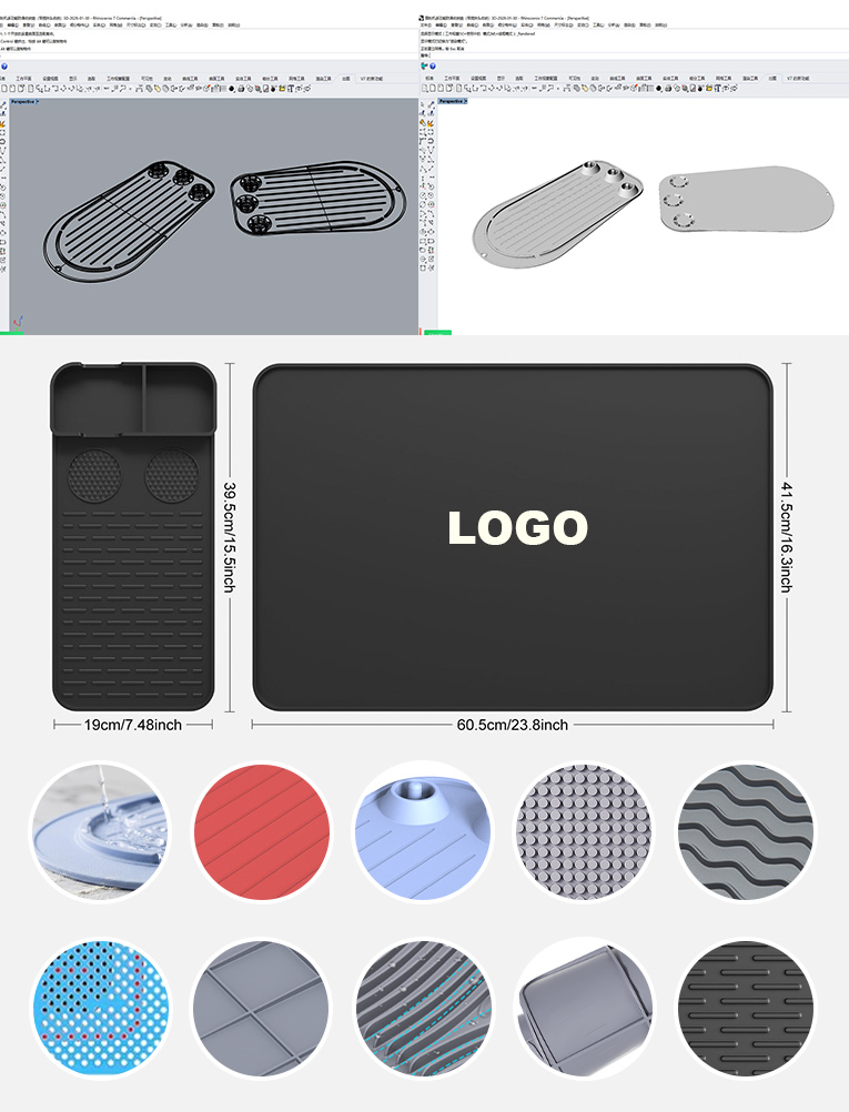 Custom silicone mat development sample with CAD drawing, dimensions, logo, and surface patterns