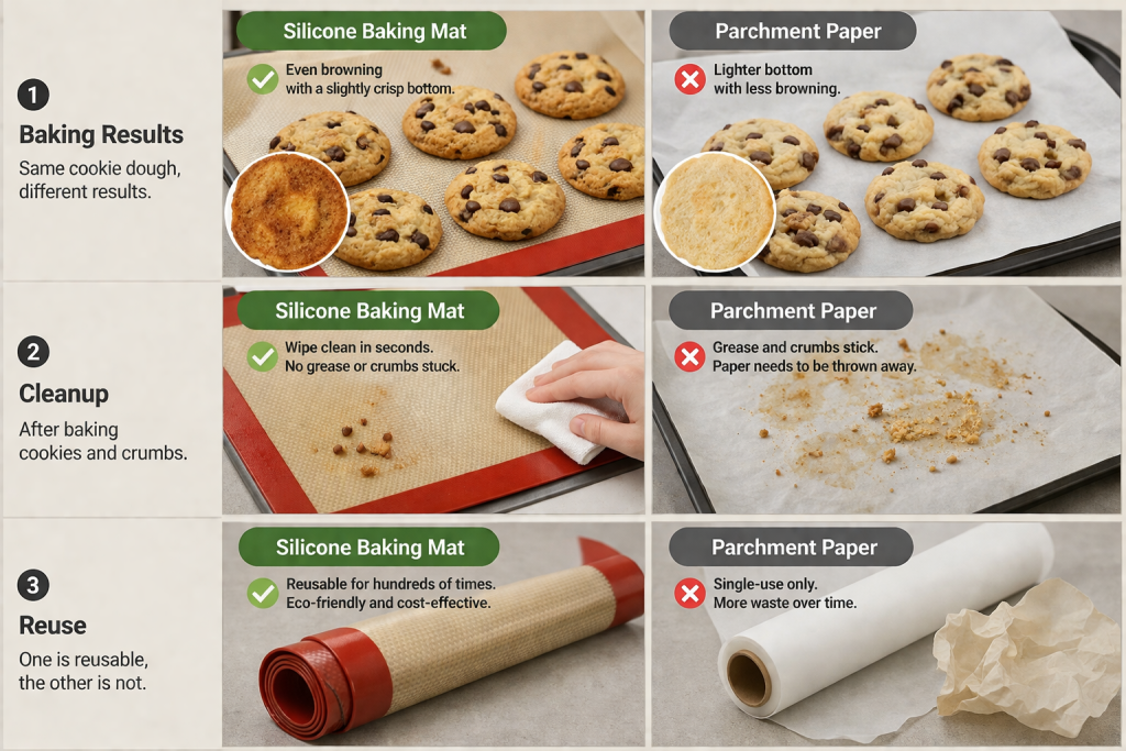 silicone mat vs parchment paper cookie results browning and cleanup comparison