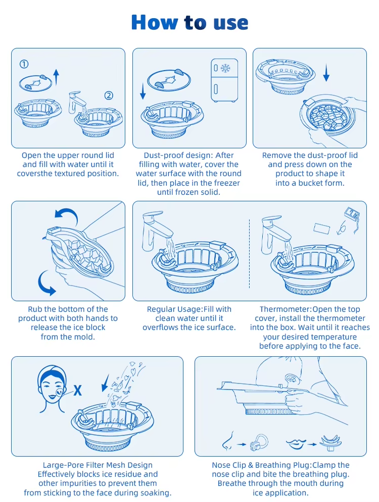 Step-by-step guide for using a silicone facial ice bath bowl with dust-proof lid, thermometer, filter mesh, nose clip, and breathing plug