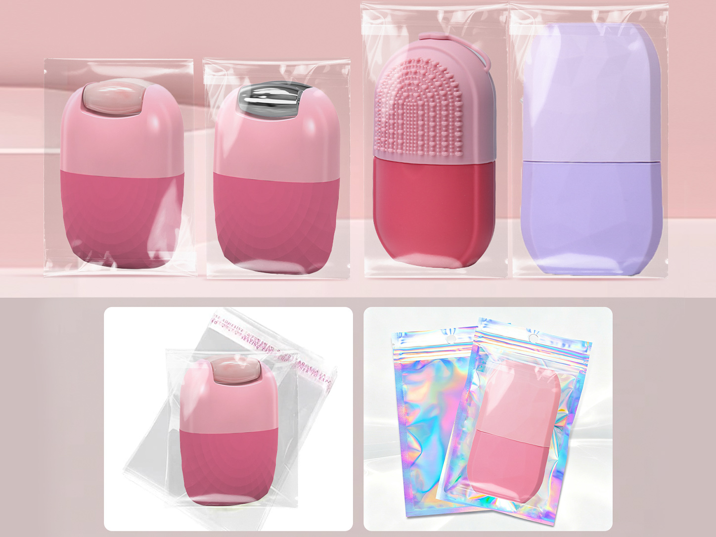 Pouch Packaging Options for Silicone Ice Rollers Clear and holographic pouch packaging options for silicone ice rollers