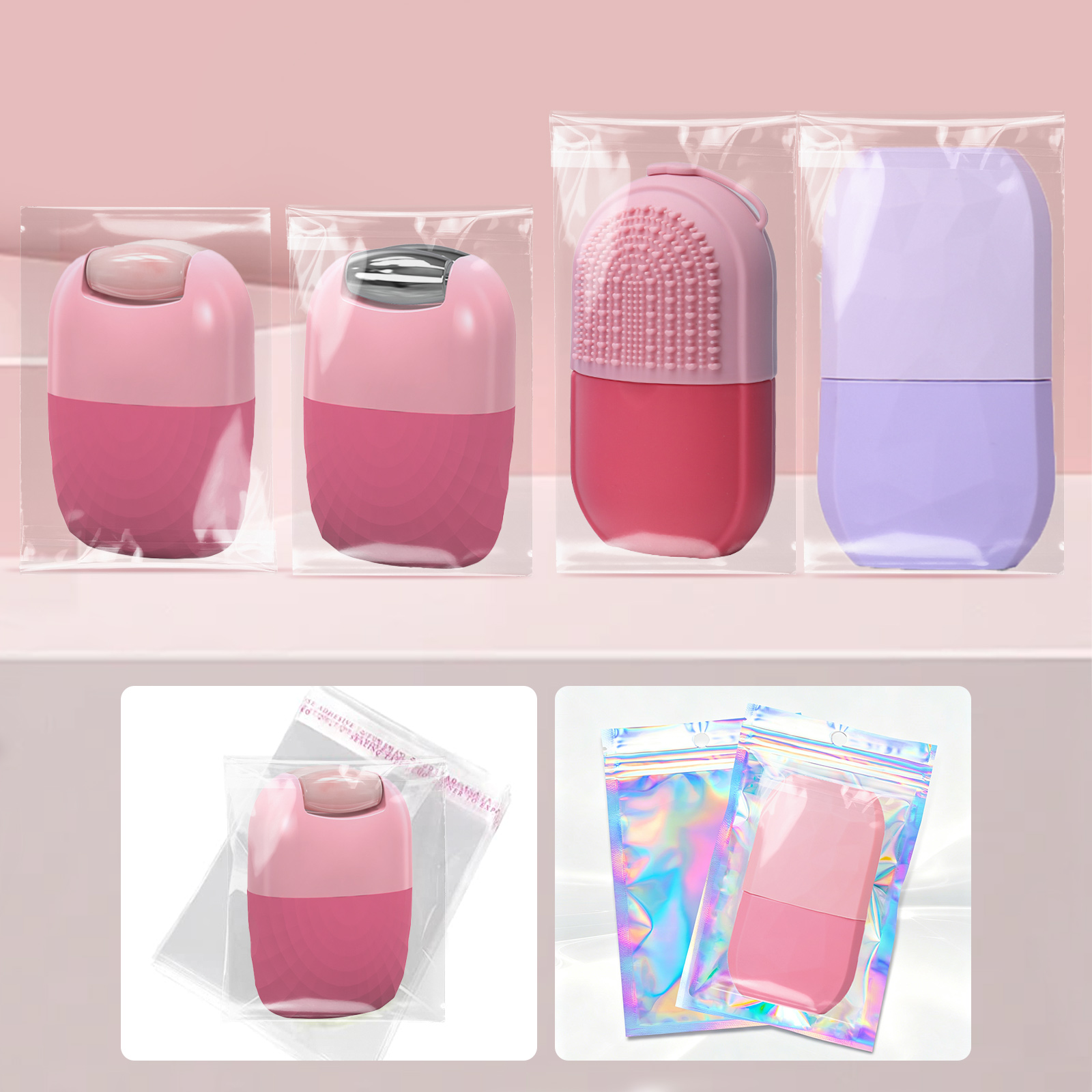 Clear and holographic pouch packaging options for silicone ice rollers