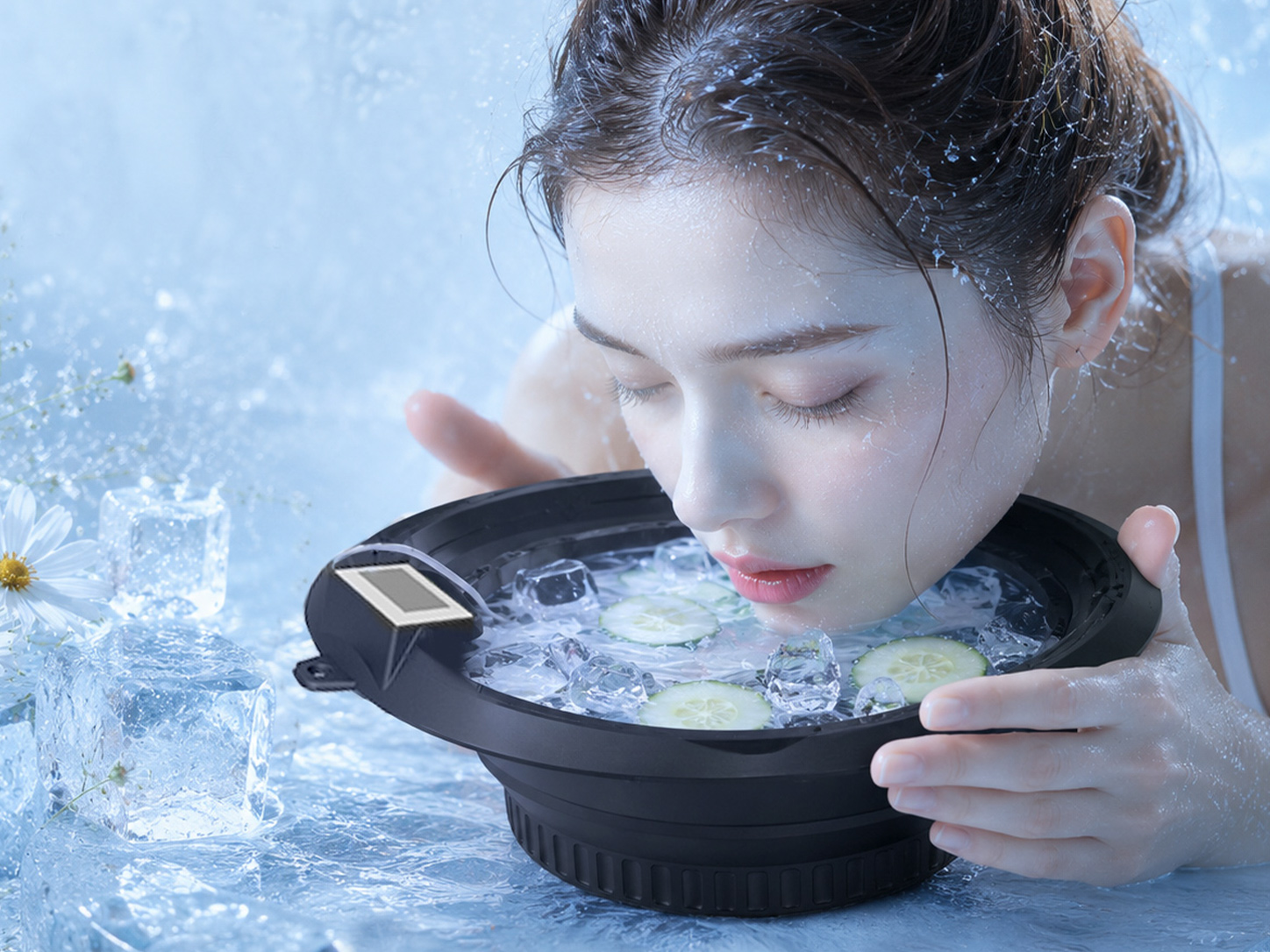 Facial ice bath bowl used for cold skincare routine with ice and cucumber