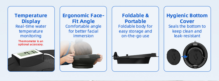 Facial ice bath bowl features including temperature display, ergonomic angle, foldable body, and hygienic bottom cover