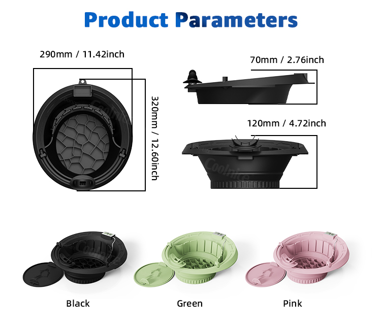 Facial ice bath bowl product parameters with dimensions and color options in black, green, and pink