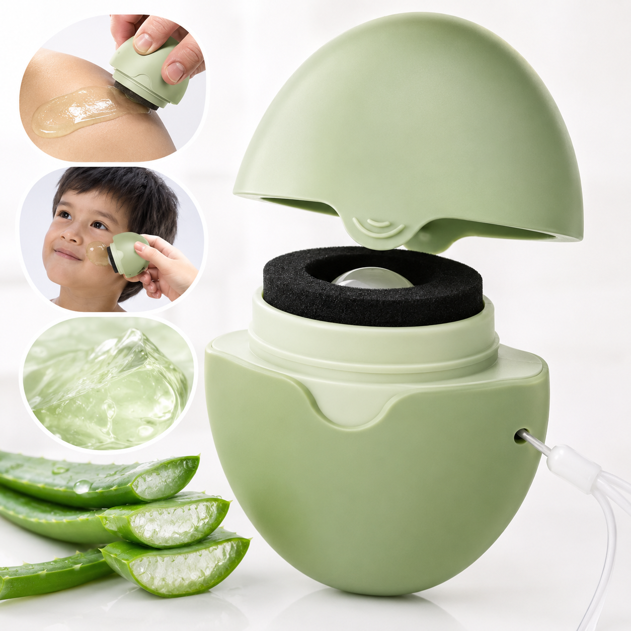 Green silicone aloe vera gel applicator with open lid and sponge roller