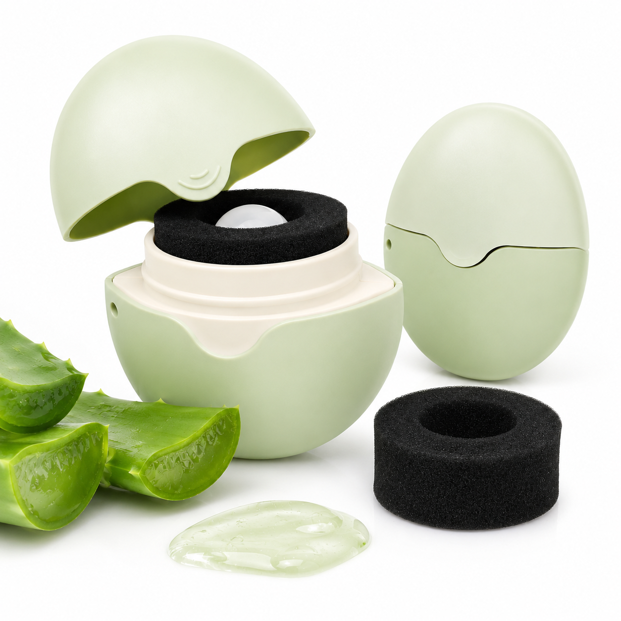 Green silicone aloe vera gel applicator product display with sponge roller