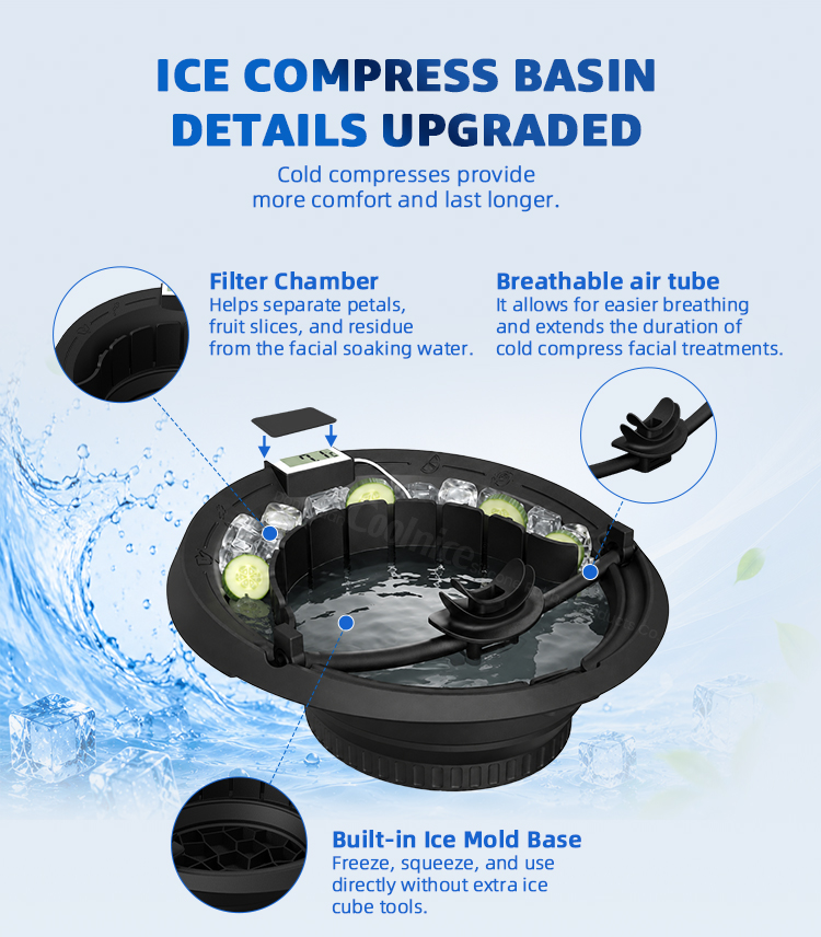 Upgraded ice compress basin with filter chamber, breathable air tube, and built-in ice mold base