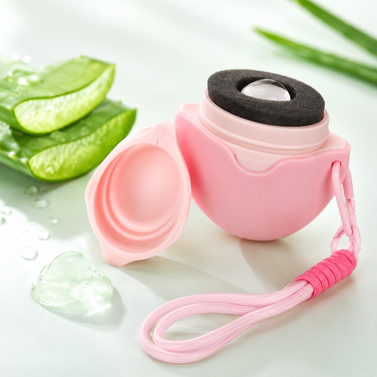 Pink aloe vera gel applicator with sponge roller and wrist lanyard