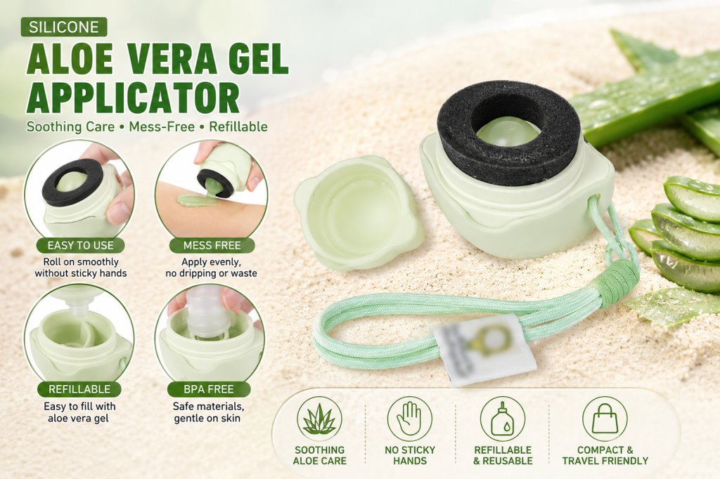 Refillable silicone aloe vera gel applicator with sponge roller and travel lanyard