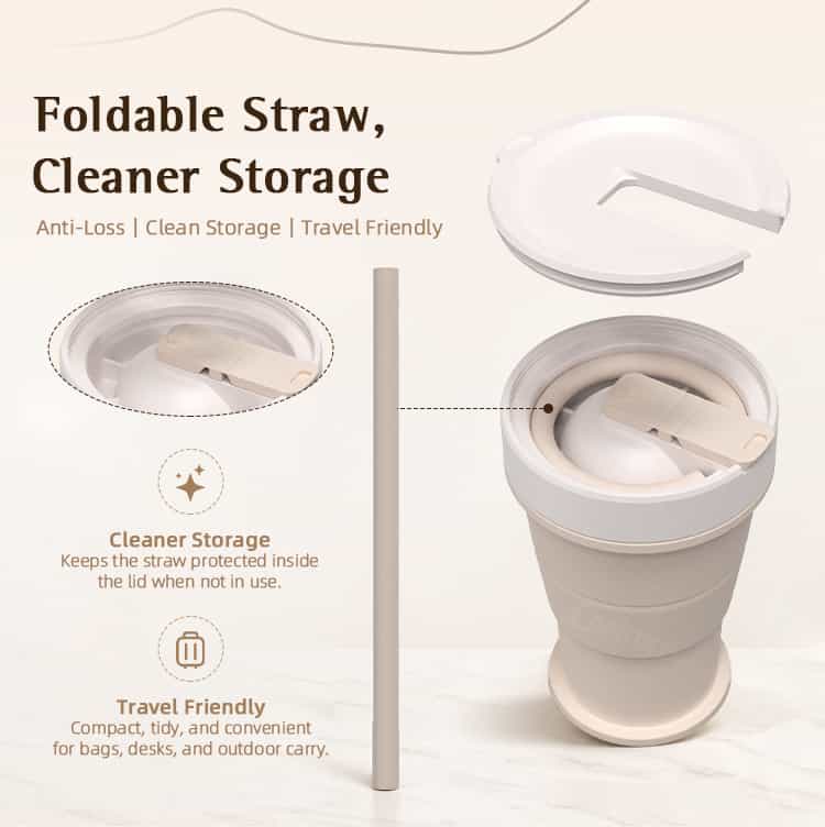 Collapsible silicone ice ball cup with foldable straw and clean storage design