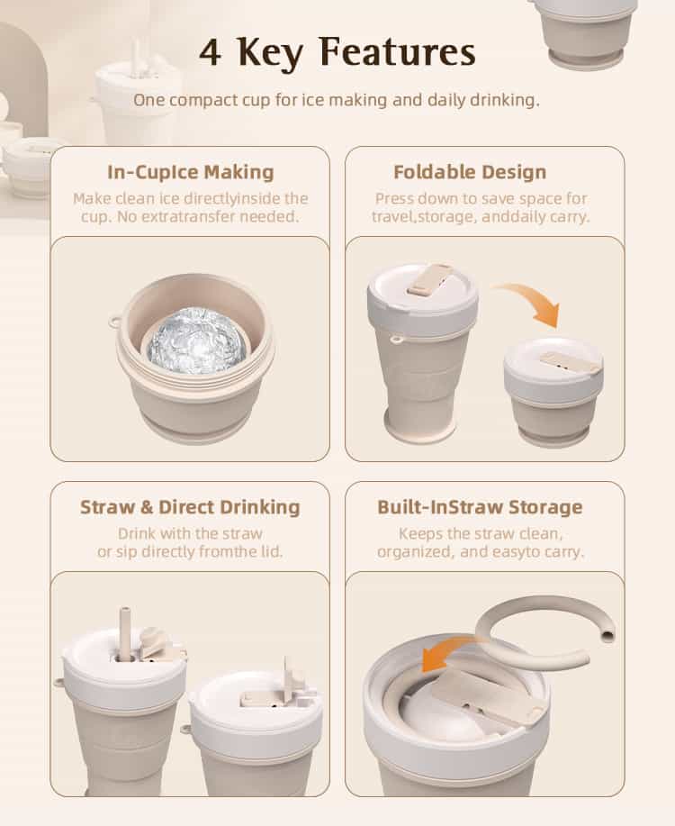 Collapsible silicone ice ball maker cup with four key features for ice making and drinking