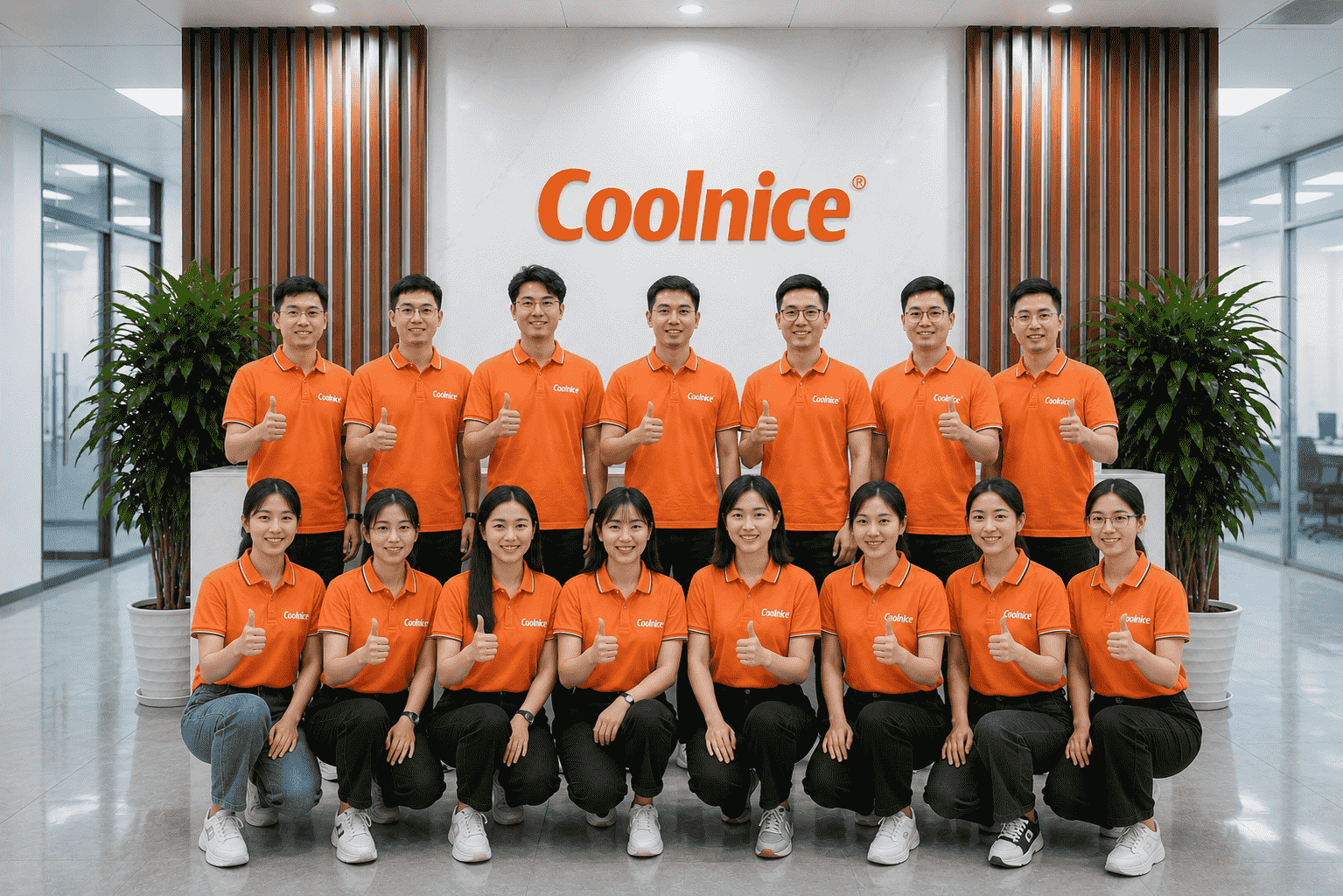 Coolnice team members in orange uniforms