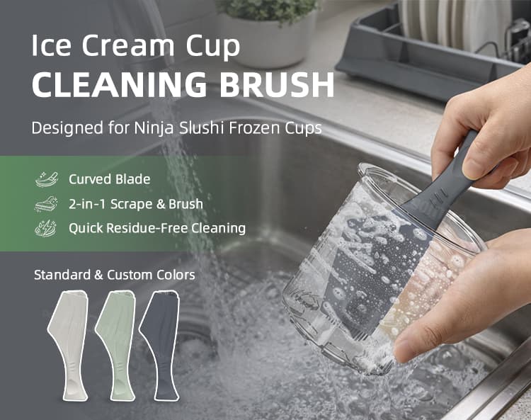 Ice cream cup cleaning brush used in kitchen for frozen dessert cup cleaning