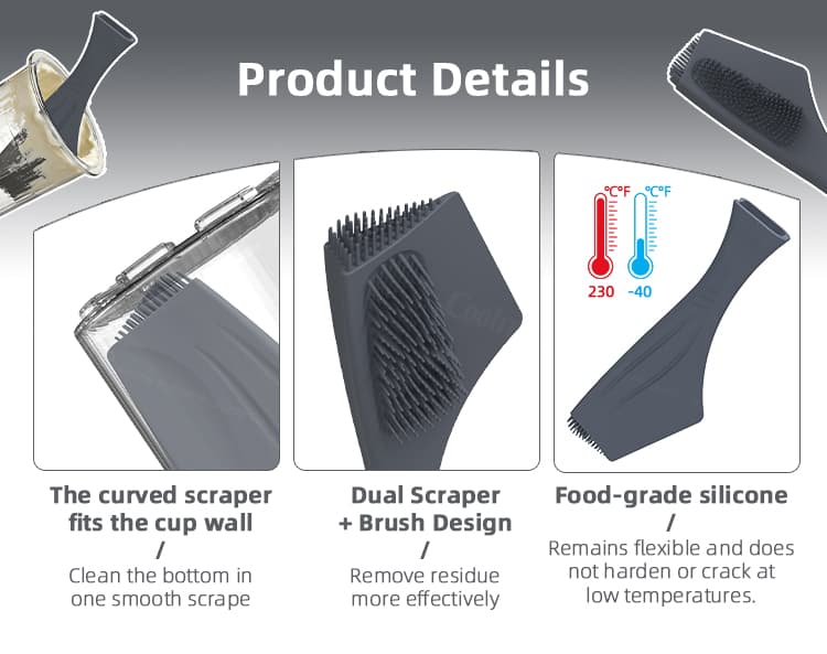 Ice cream cup cleaning brush with curved scraper and silicone bristles