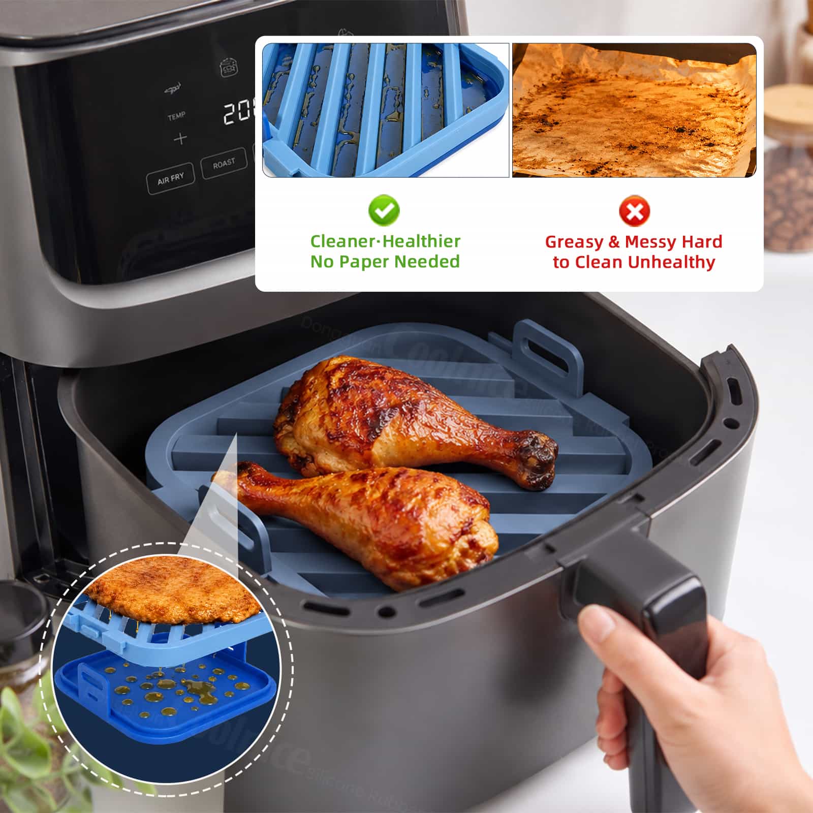 Silicone air fryer grill rack draining grease while cooking chicken in air fryer