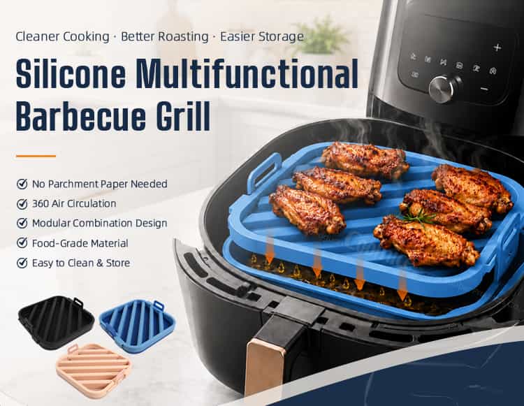 Reusable silicone air fryer grill rack product overview with chicken wings and color options