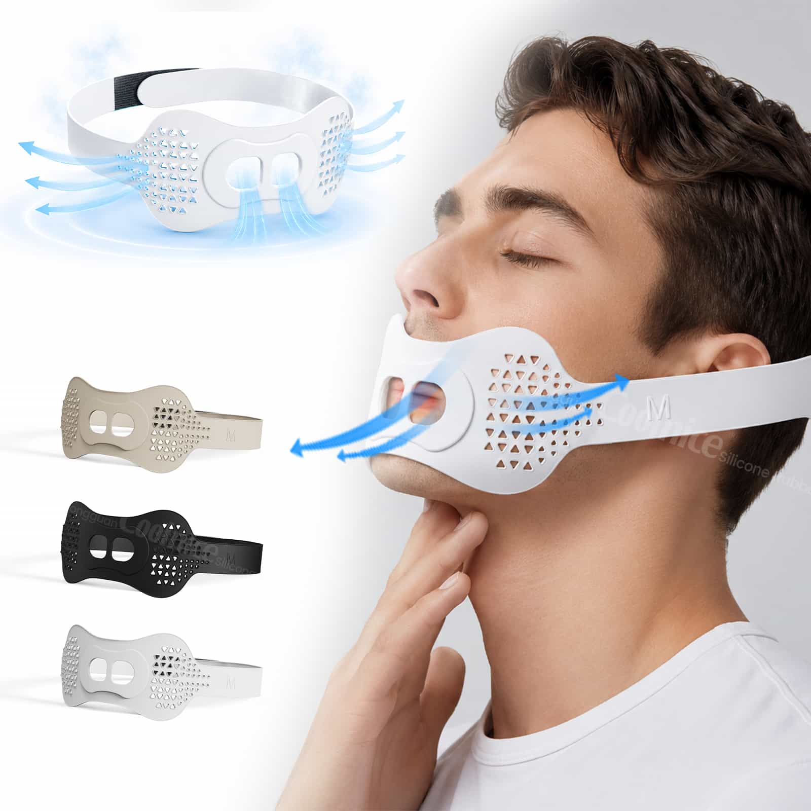 Man demonstrating airflow through silicone anti-snoring chin strap