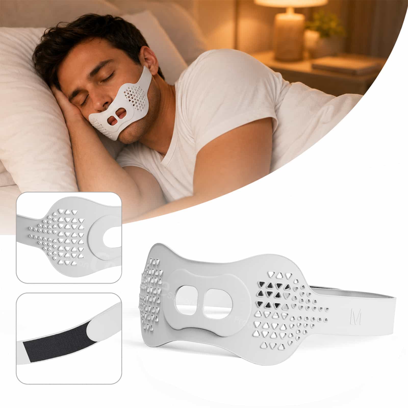 Man side sleeping with silicone anti-snoring chin strap