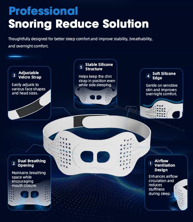 Silicone anti-snoring chin strap snoring reduction features