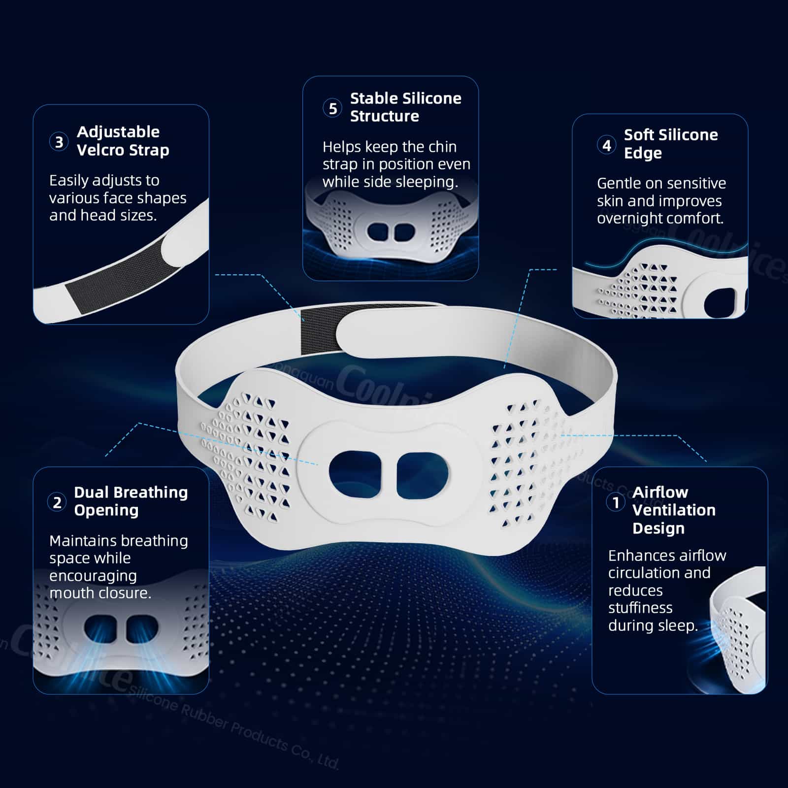 Ventilation features of silicone anti-snoring chin strap