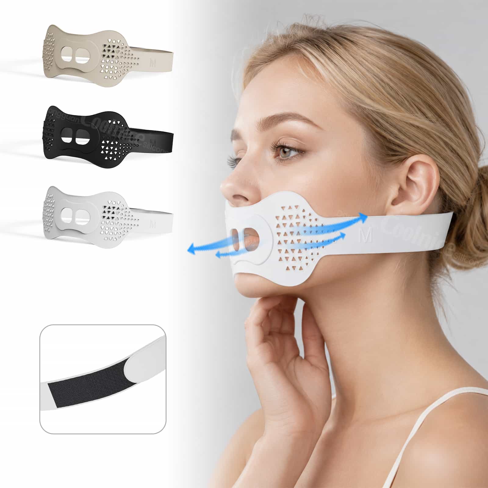 Woman demonstrating airflow through silicone anti-snoring chin strap