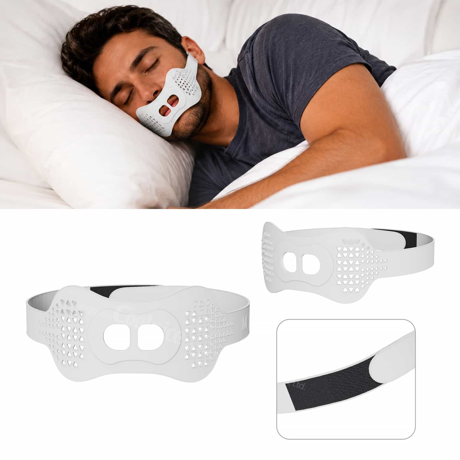 Woman wearing a silicone anti-snoring chin strap