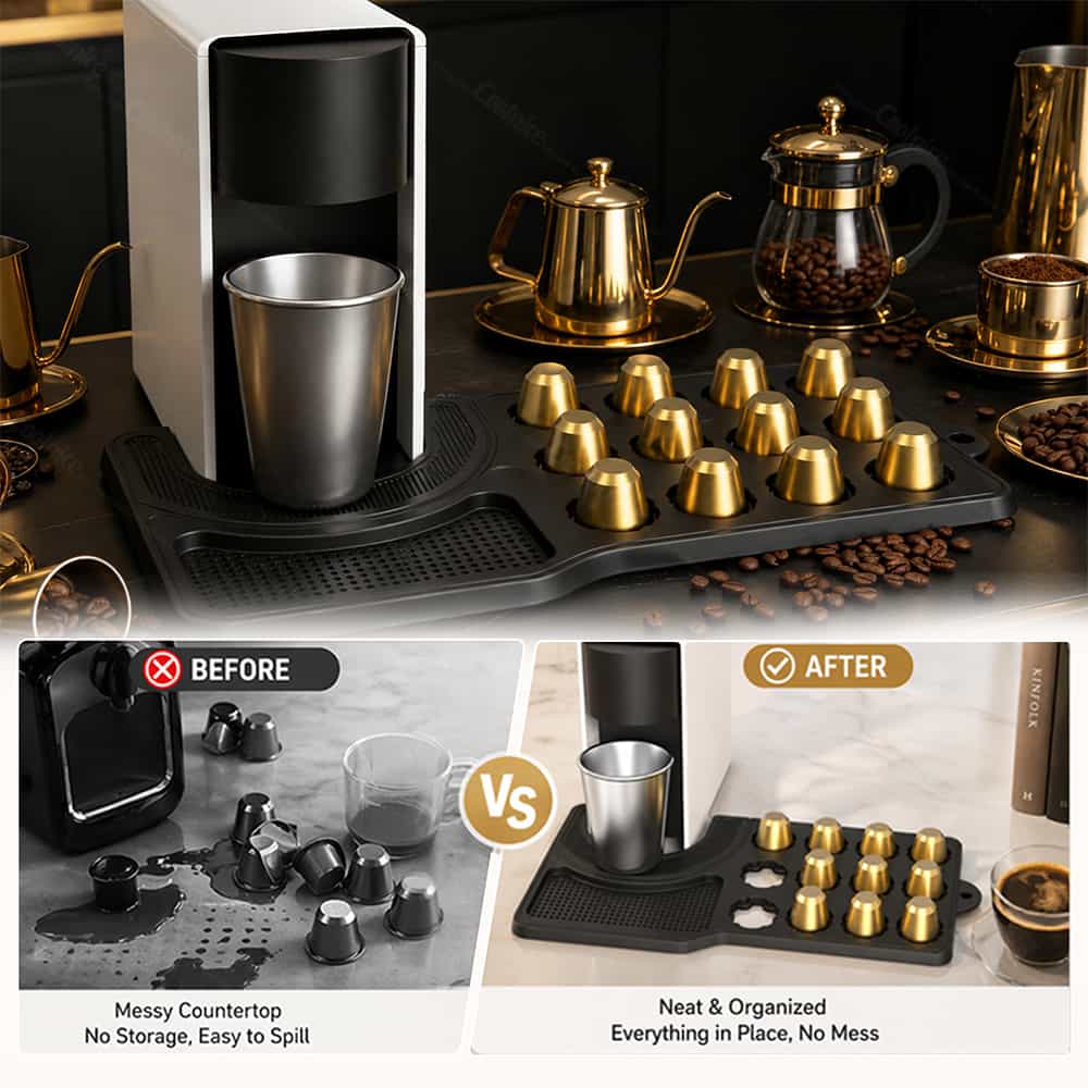 Silicone coffee pod organizer mat showing before and after countertop organization