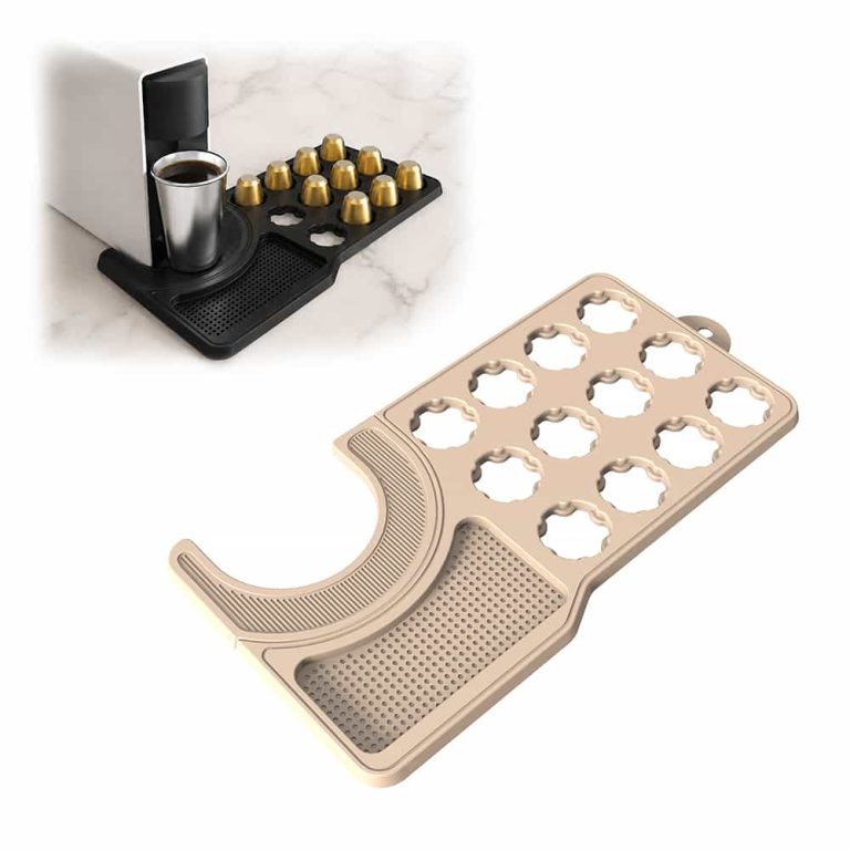 Beige silicone coffee pod organizer mat with capsule storage slots