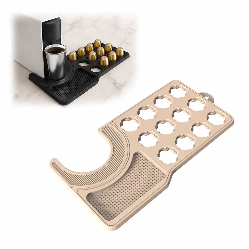 Beige silicone coffee pod organizer mat with capsule storage slots