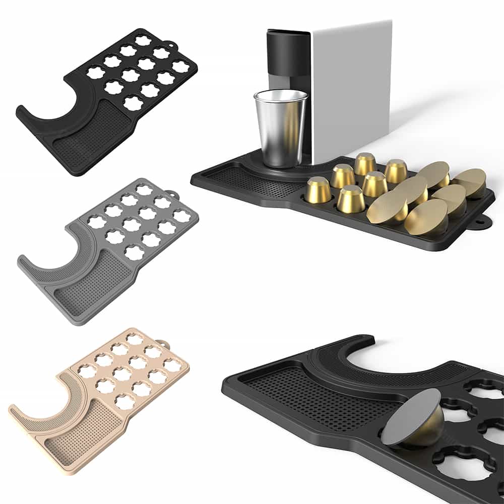 Silicone coffee pod organizer mat organizing coffee capsules on countertop