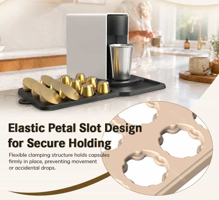 Silicone coffee pod organizer mat elastic petal slots for secure capsule holding