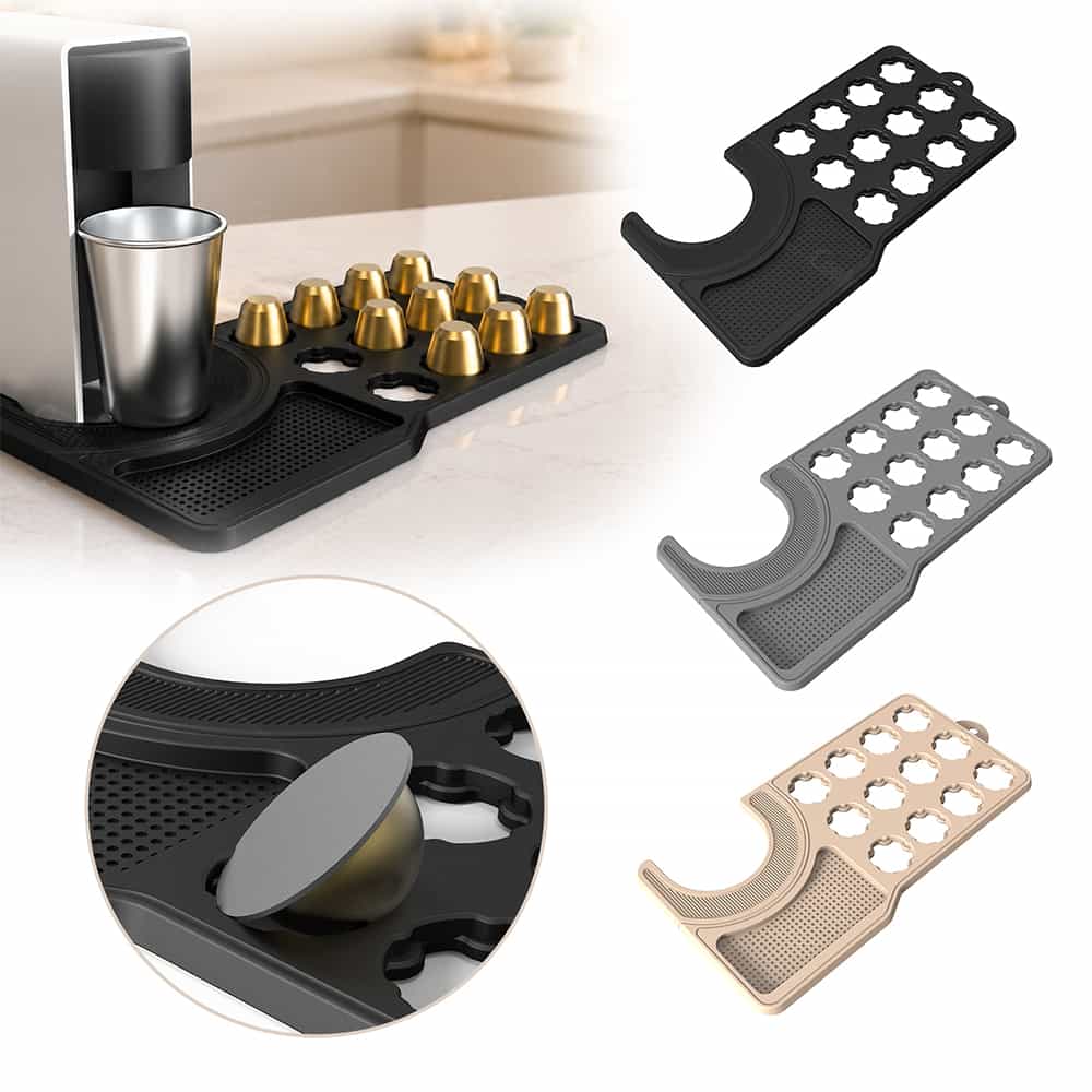 Silicone coffee pod organizer mat with coffee machine and organized capsules