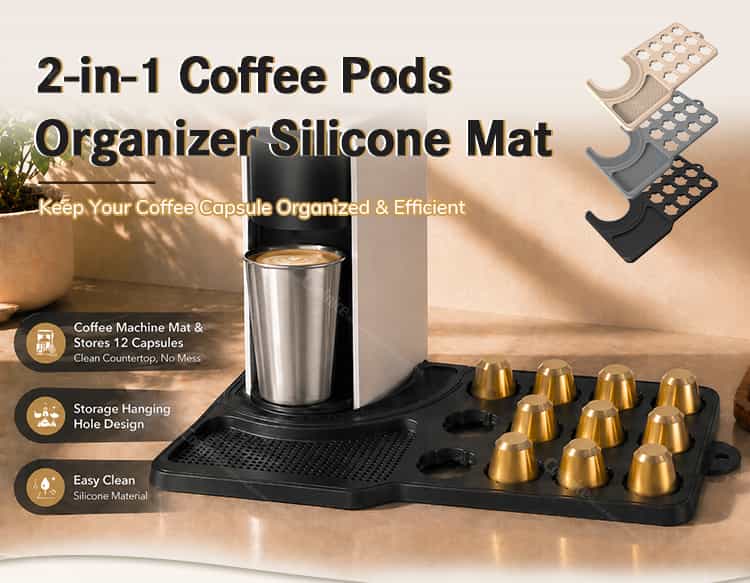 Silicone coffee pod organizer mat before and after countertop organization comparison
