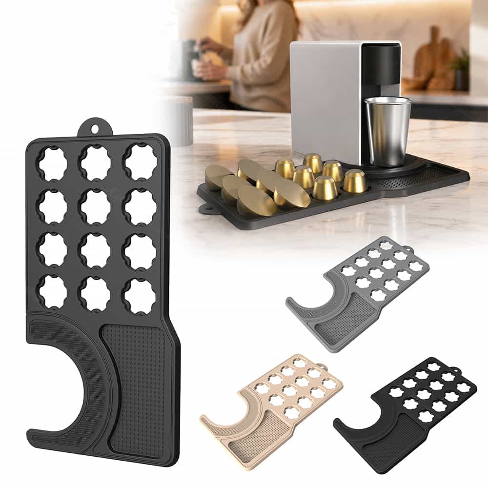 Silicone coffee pod organizer mat slot layout for capsule storage