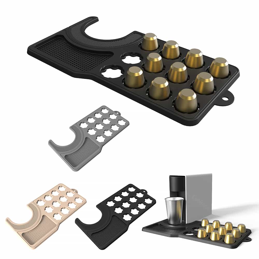 Silicone coffee pod organizer mat in black gray and beige color options
