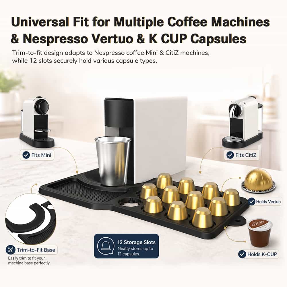 Silicone coffee pod organizer mat compatible with multiple coffee machines