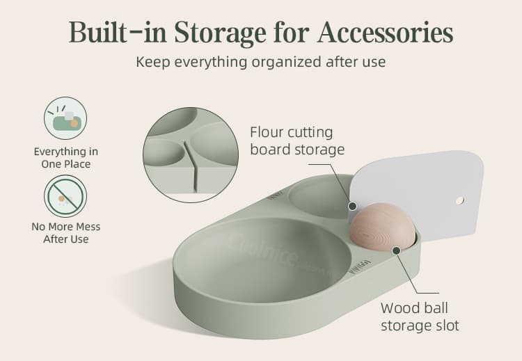 Silicone dumpling skin press mold with built in accessory storage details